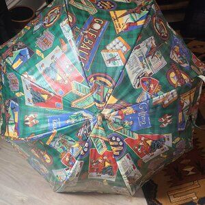 Vintage Large Umbrella Golf Course Golfing Scene Image Wooden Wood Handle Vinyl